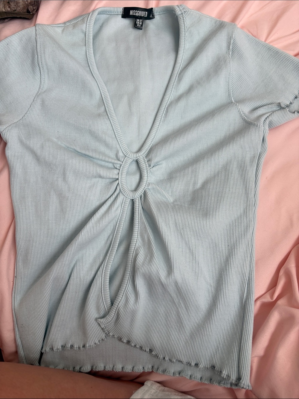 Missguided Pale Blue Ribbed Ring-Front V-Neck Crop Top